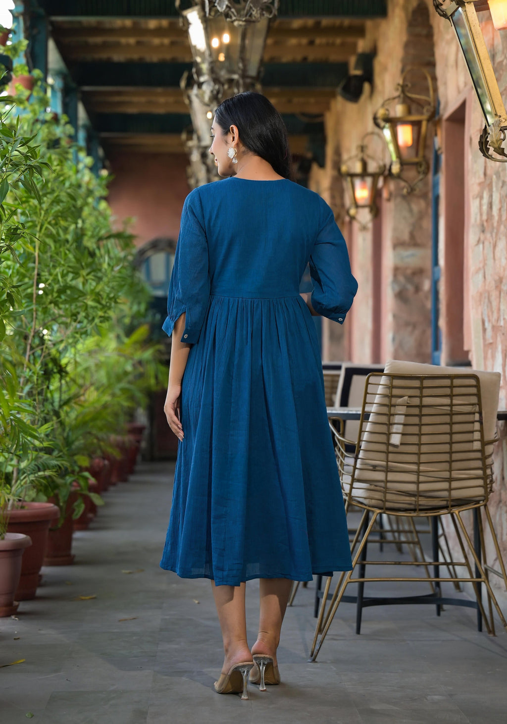 Juniper Women's Indigo Solid Cotton Long Dress With Thread Embroidery - Distacart