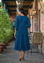 Juniper Indigo Solid Cotton Long Dress With Thread Embroidery - Distacart