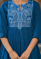 Juniper Women's Indigo Solid Cotton Long Dress With Thread Embroidery - Distacart