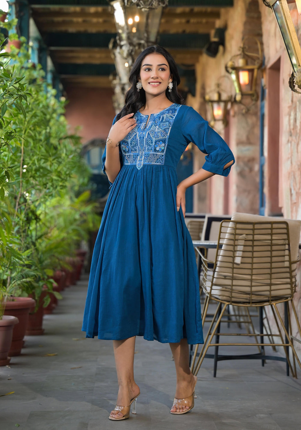 Juniper Women's Indigo Solid Cotton Long Dress With Thread Embroidery - Distacart