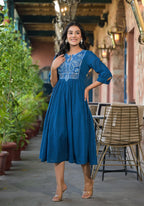 Juniper Women's Indigo Solid Cotton Long Dress With Thread Embroidery - Distacart