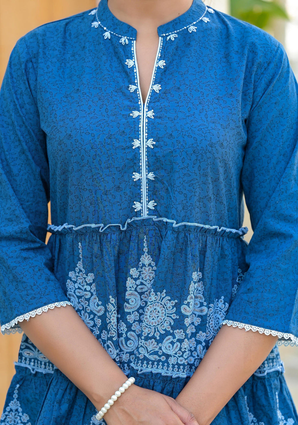 Juniper Indigo Ethnic Motif Printed Cotton Tunic With Thread Work & Sequins