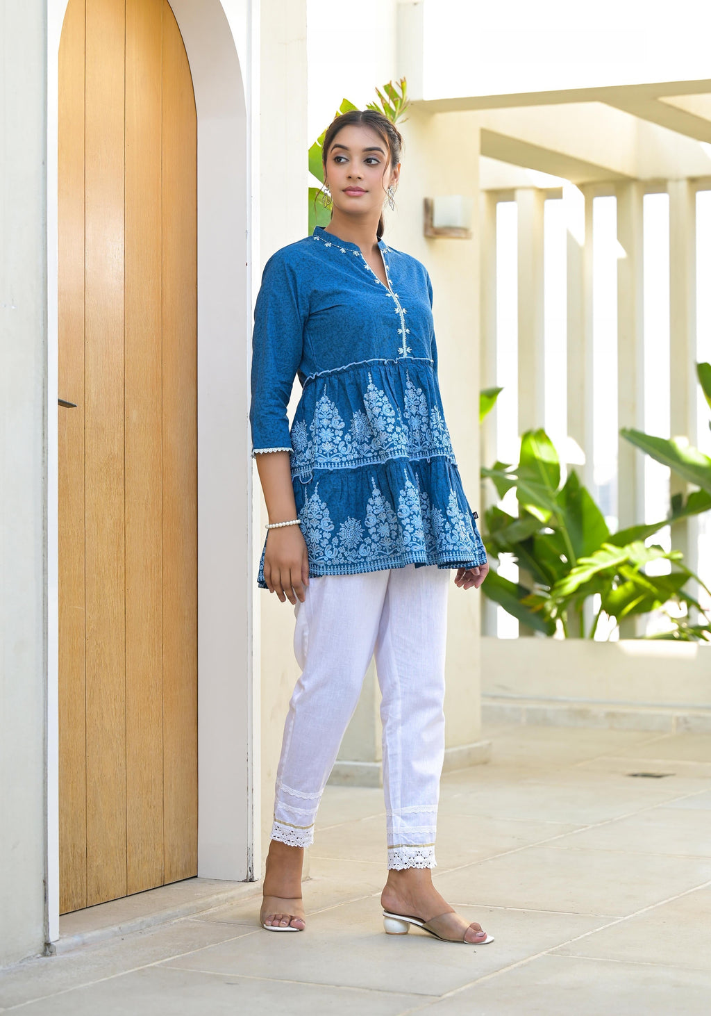 Juniper Indigo Ethnic Motif Printed Cotton Tunic With Thread Work & Sequins