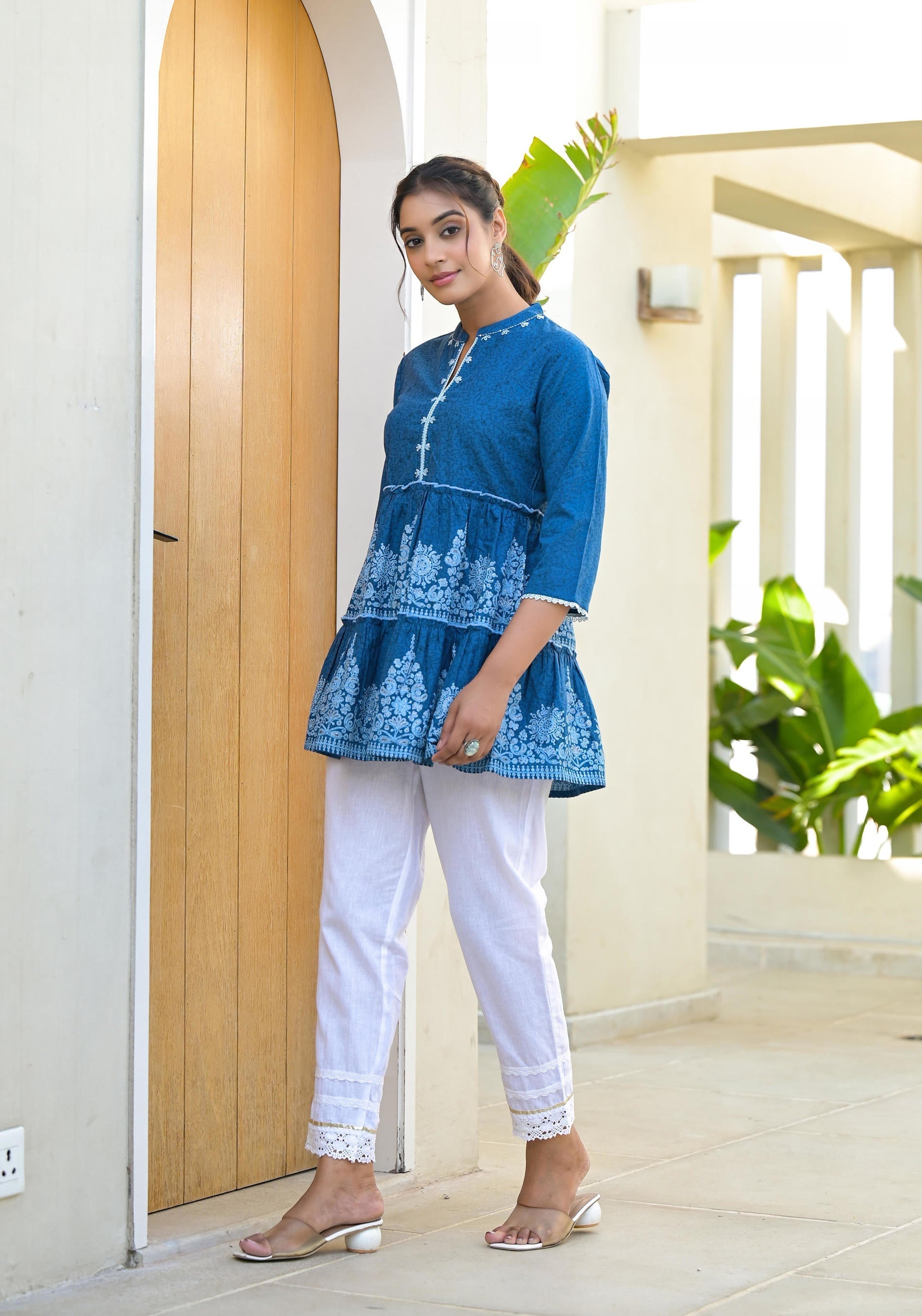 Juniper Indigo Ethnic Motif Printed Cotton Tunic With Thread Work & Sequins
