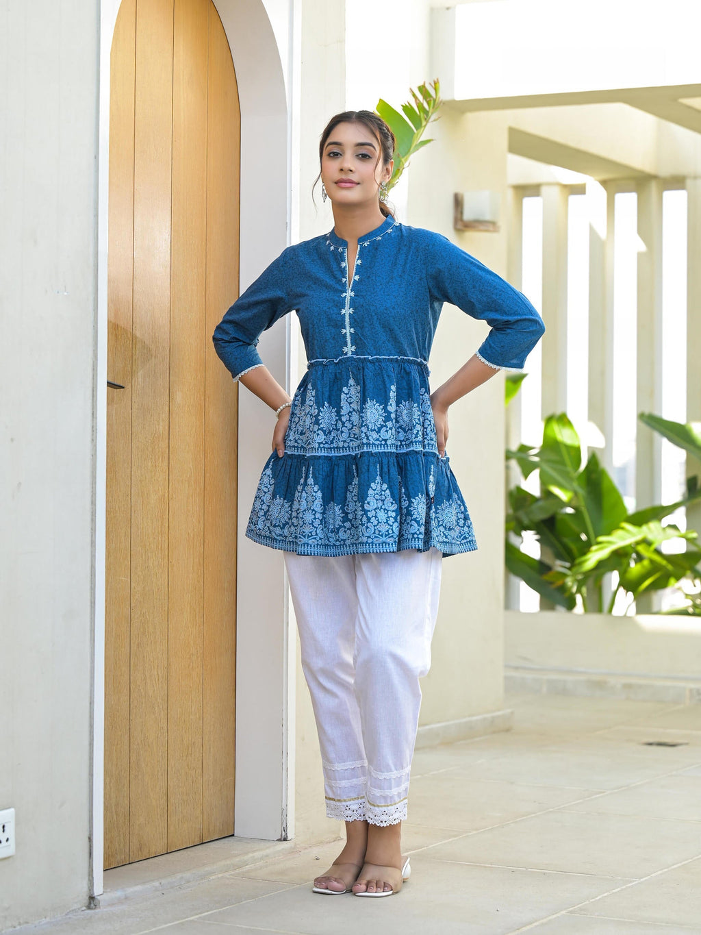 Juniper Indigo Ethnic Motif Printed Cotton Tunic With Thread Work & Sequins