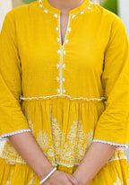 Juniper Mustard Ethnic Motif Printed Cotton Tunic With Thread Work & Sequins