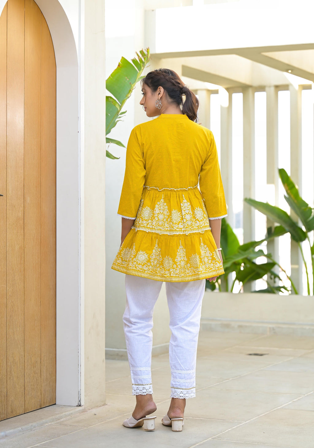 Juniper Mustard Ethnic Motif Printed Cotton Tunic With Thread Work & Sequins