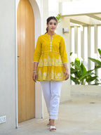 Juniper Mustard Ethnic Motif Printed Cotton Tunic With Thread Work & Sequins