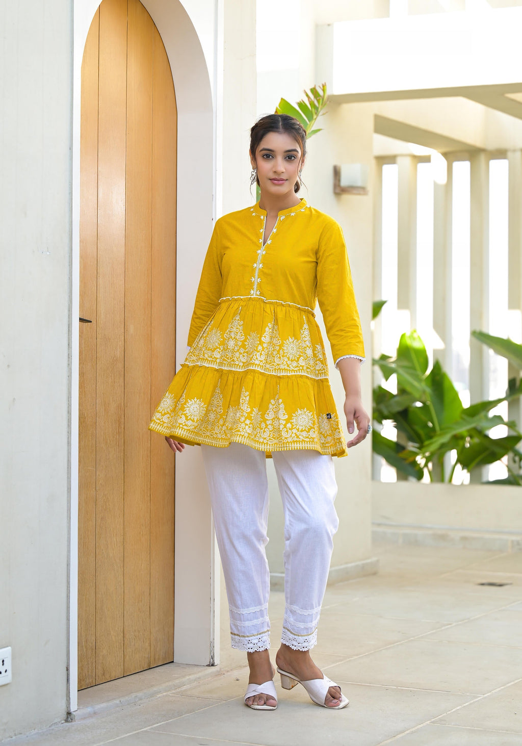 Juniper Mustard Ethnic Motif Printed Cotton Tunic With Thread Work & Sequins