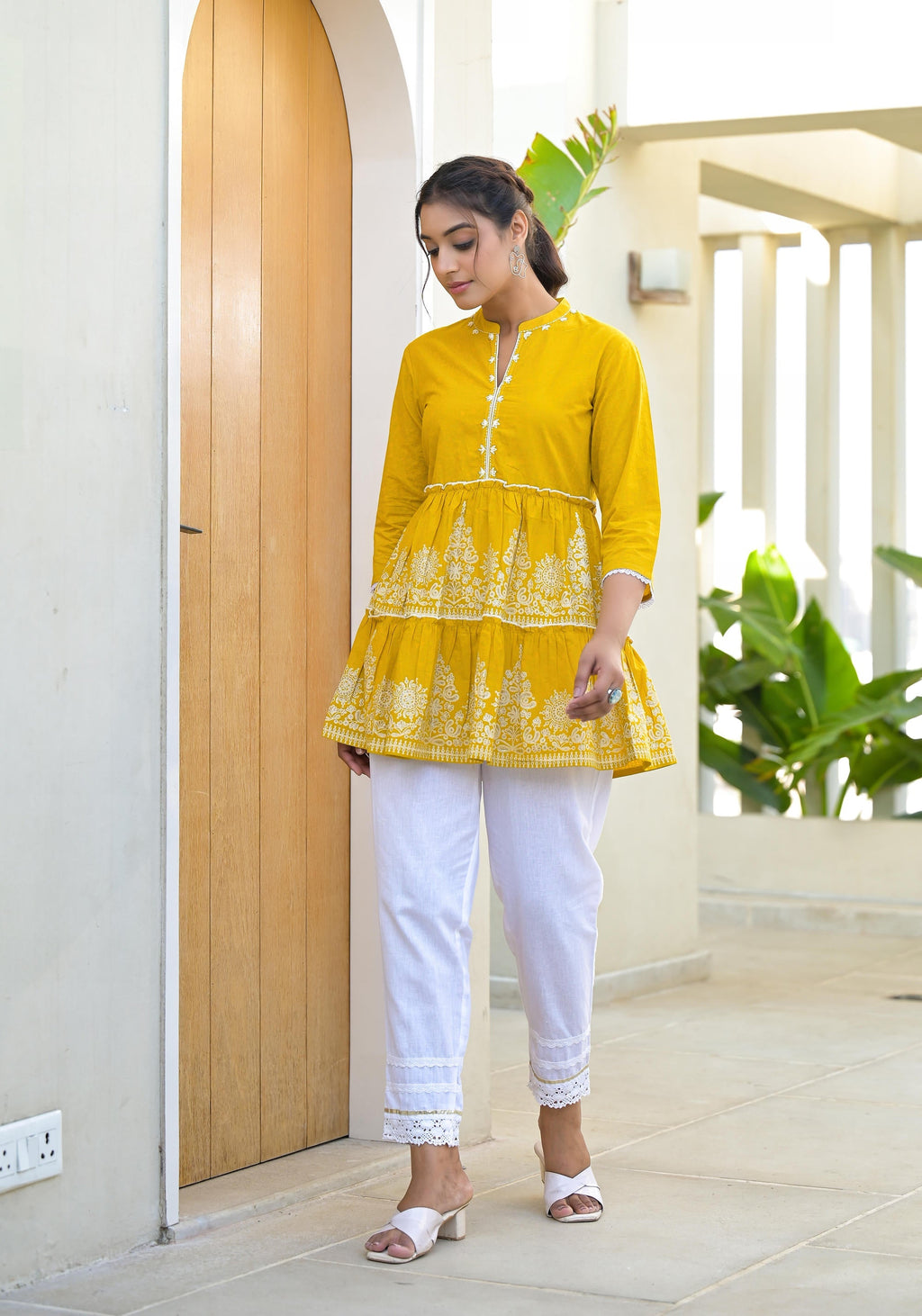 Juniper Mustard Ethnic Motif Printed Cotton Tunic With Thread Work & Sequins