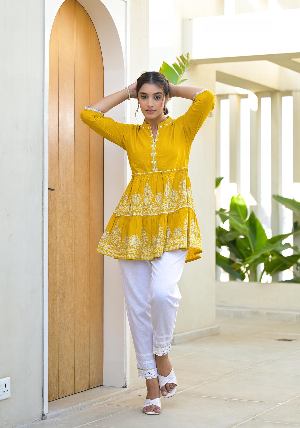 Juniper Mustard Ethnic Motif Printed Cotton Tunic With Thread Work & Sequins