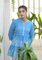Juniper Powder Blue Ethnic Motif Printed Cotton Tunic With Thread Work & Sequins