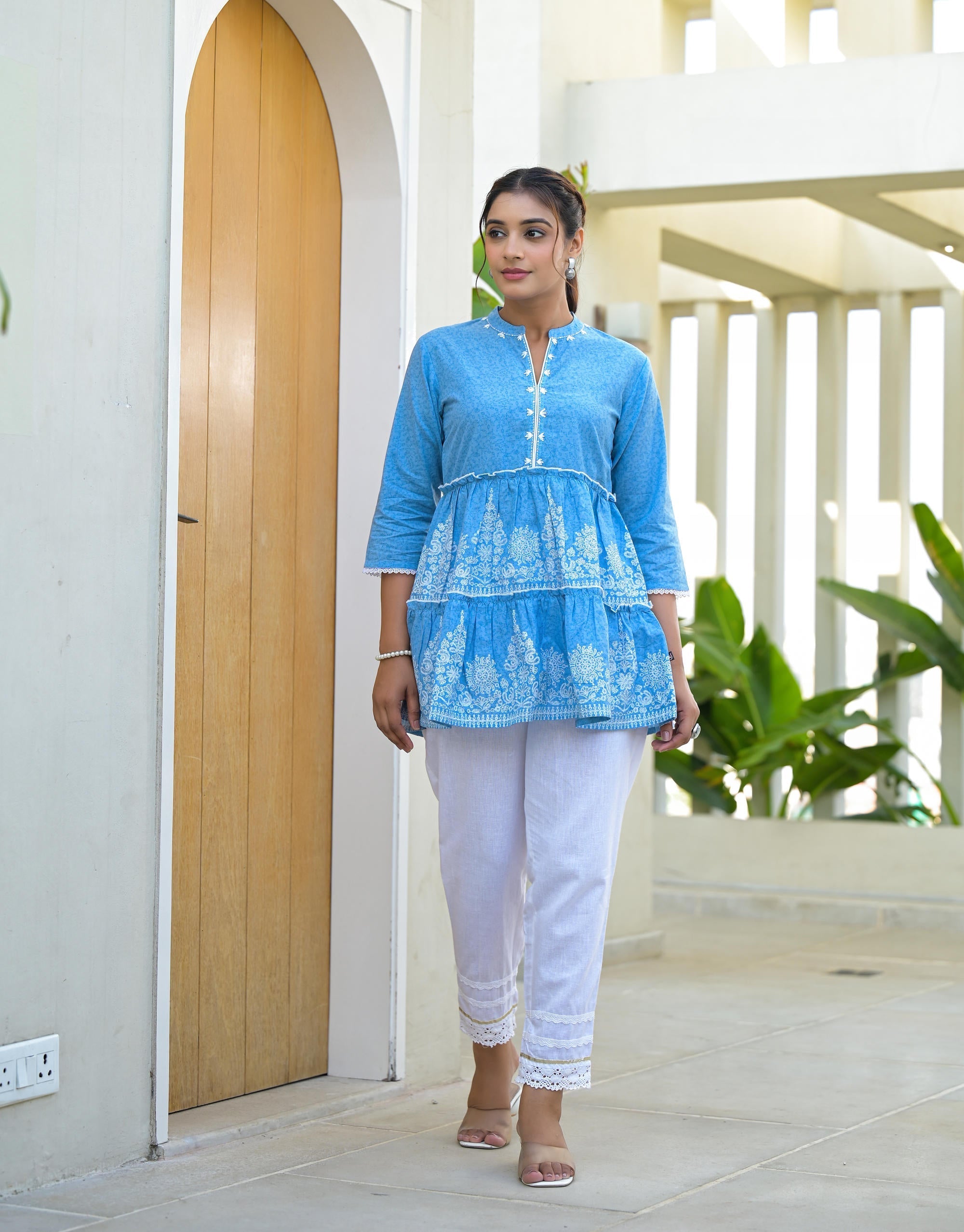 Juniper Powder Blue Ethnic Motif Printed Cotton Tunic With Thread Work & Sequins