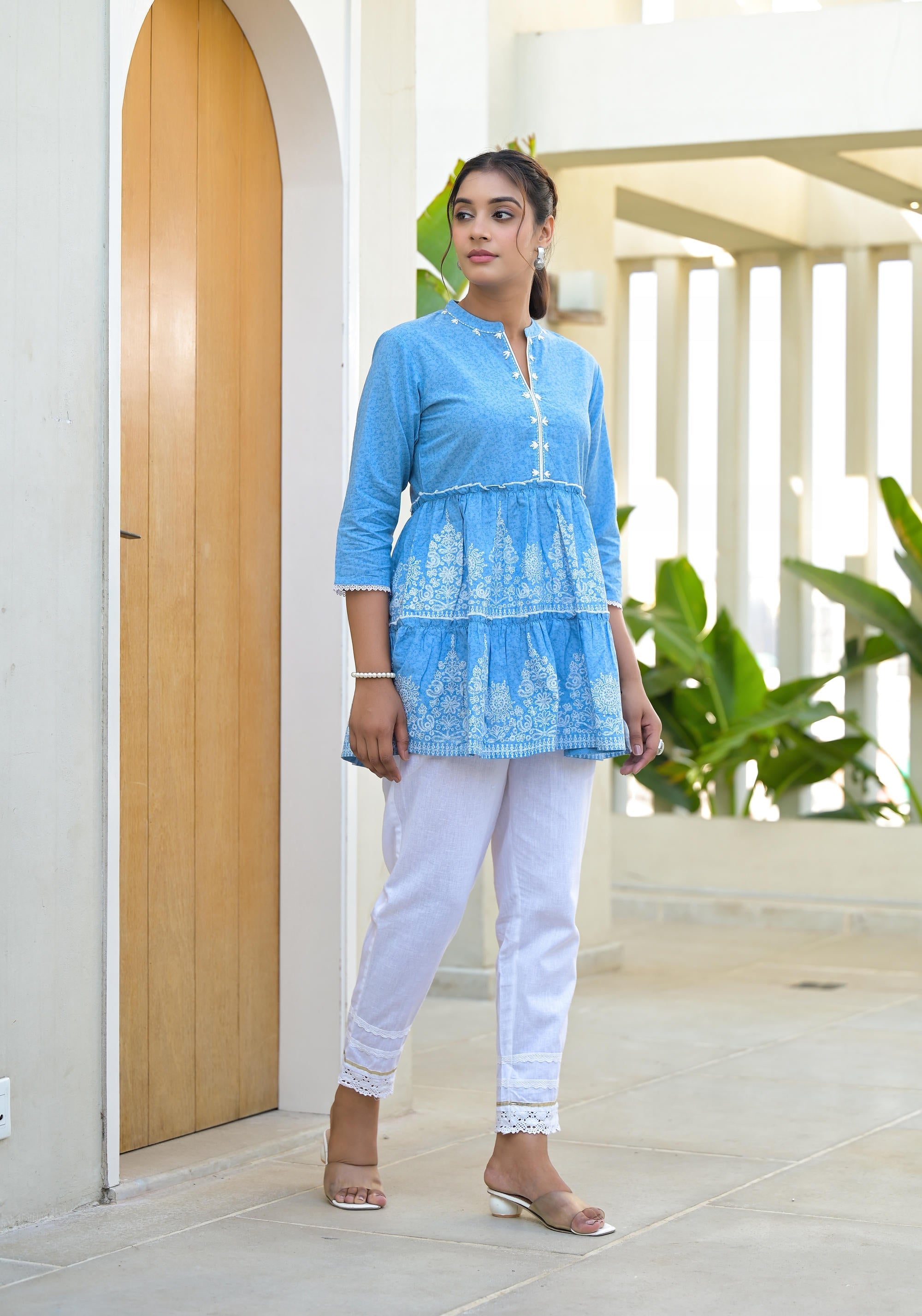 Juniper Powder Blue Ethnic Motif Printed Cotton Tunic With Thread Work & Sequins