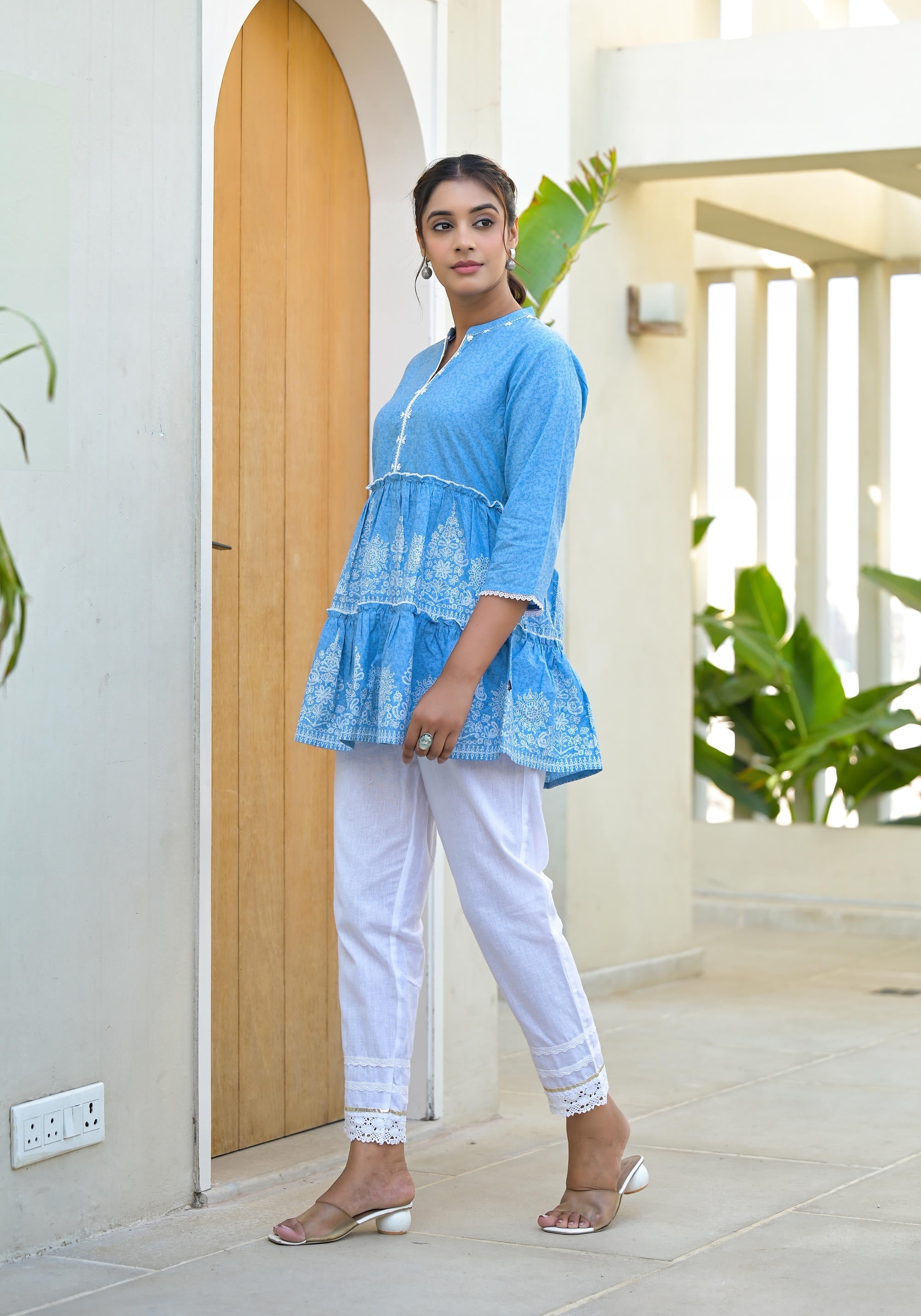 Juniper Powder Blue Ethnic Motif Printed Cotton Tunic With Thread Work & Sequins