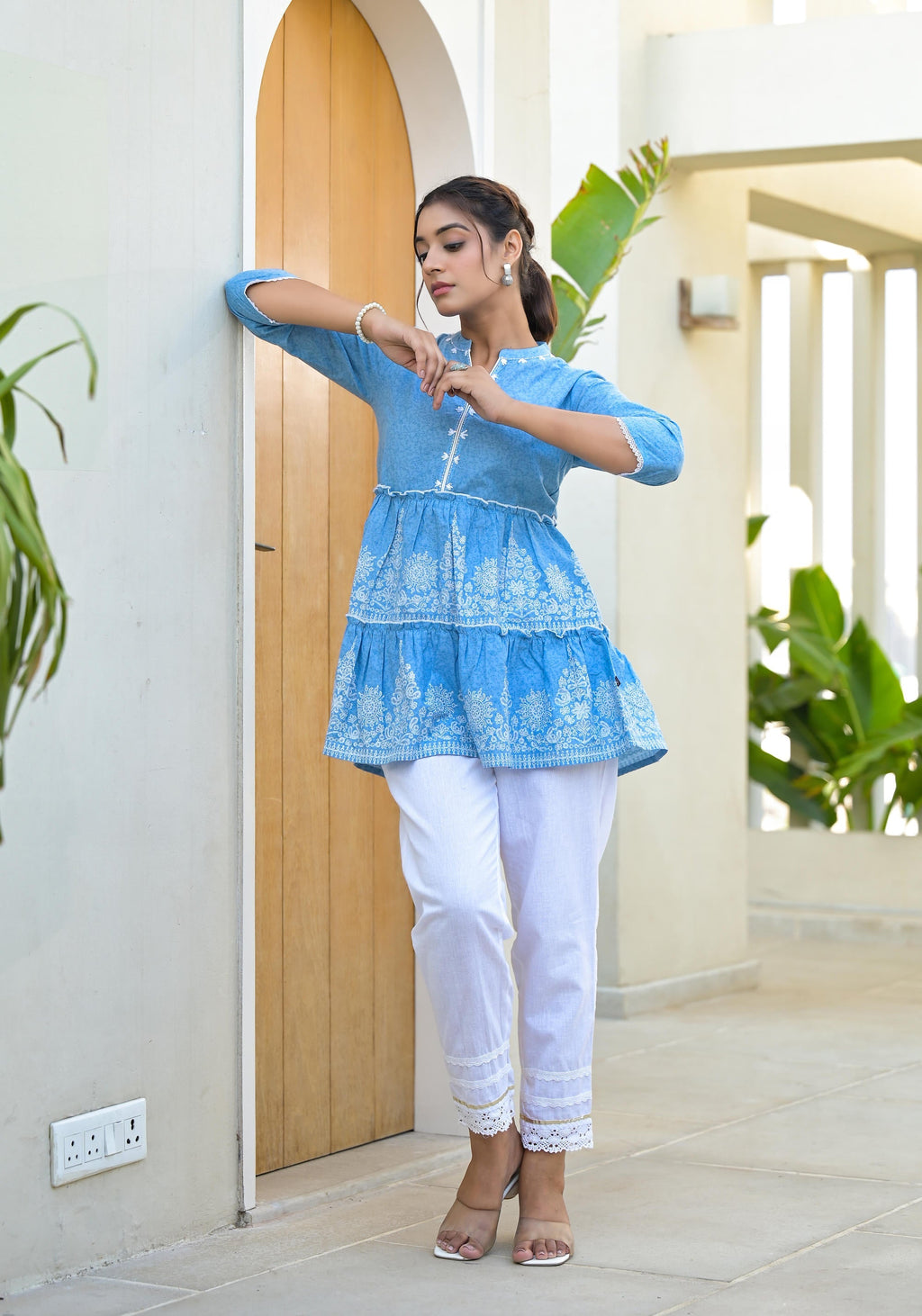 Juniper Powder Blue Ethnic Motif Printed Cotton Tunic With Thread Work & Sequins
