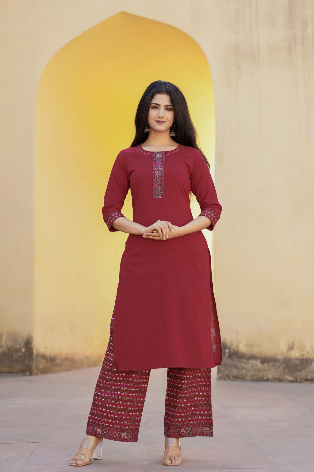 Juniper Maroon Floral Printed Viscose Kurta & Palazzo With Thread Work