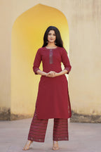Juniper Maroon Floral Printed Viscose Kurta & Palazzo With Thread Work