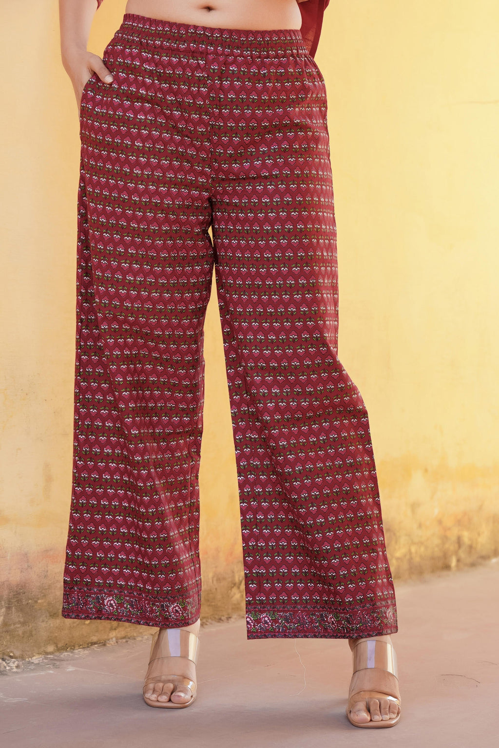 Juniper Maroon Floral Printed Viscose Kurta & Palazzo With Thread Work