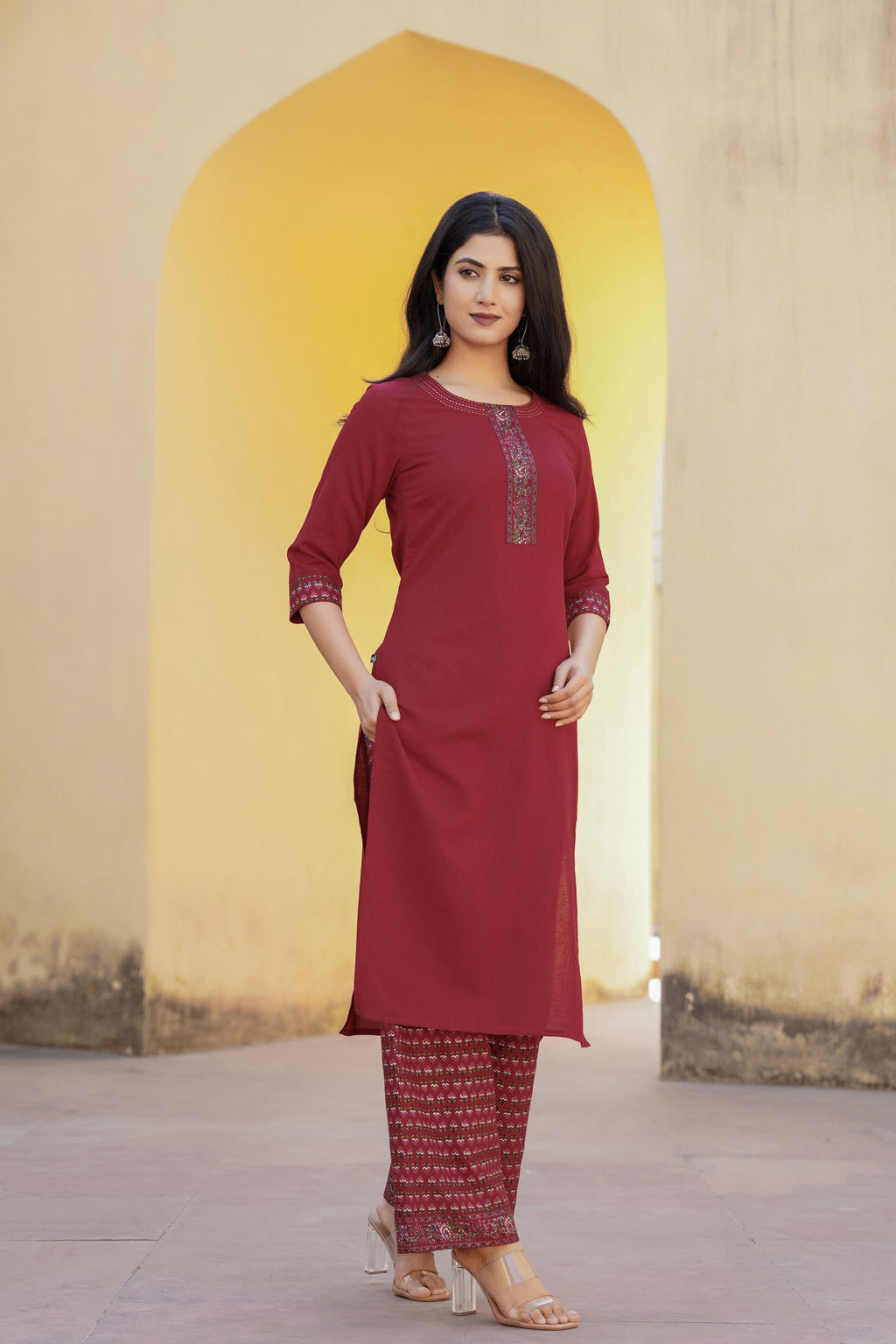 Juniper Maroon Floral Printed Viscose Kurta & Palazzo With Thread Work