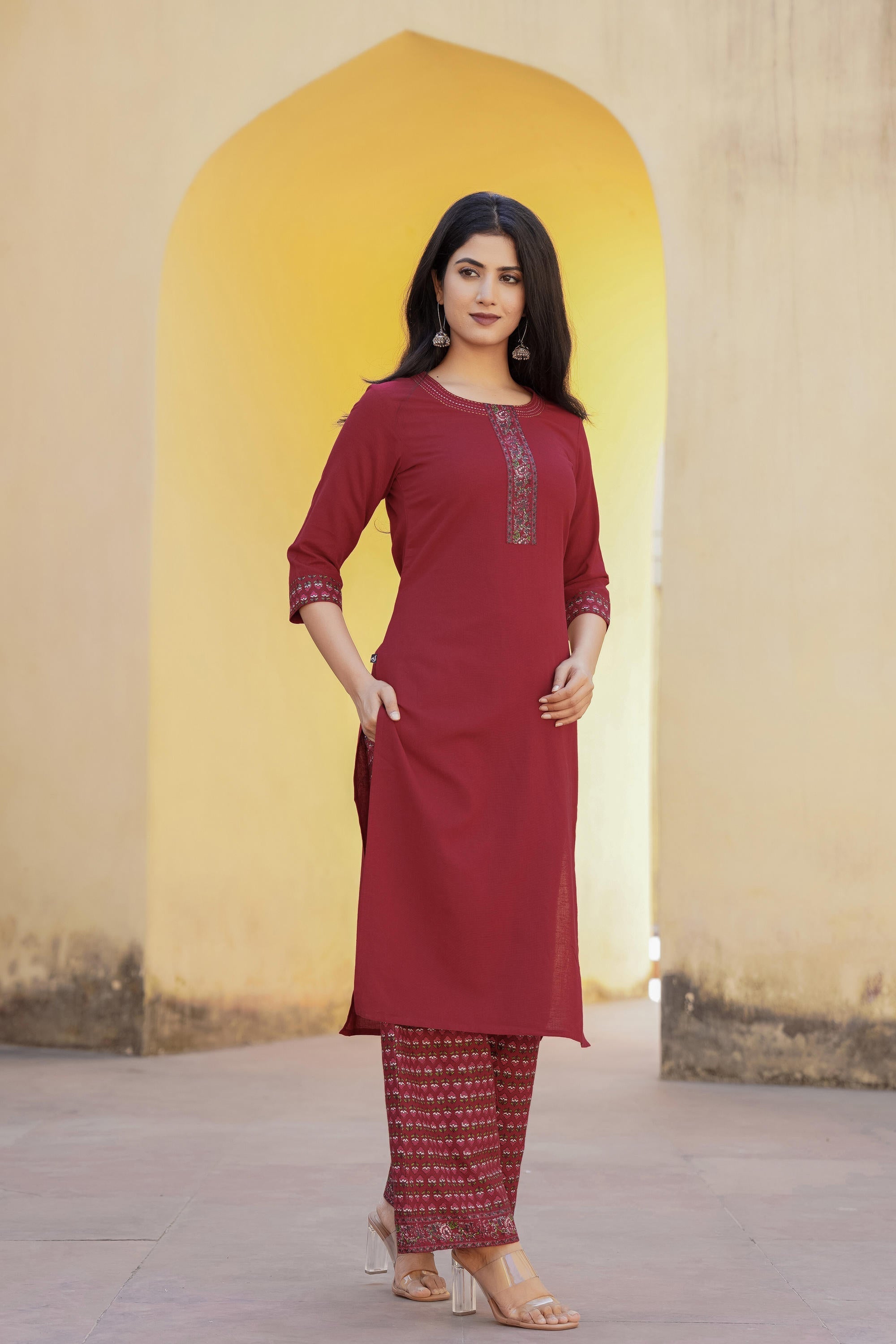 Juniper Maroon Floral Printed Viscose Kurta & Palazzo With Thread Work