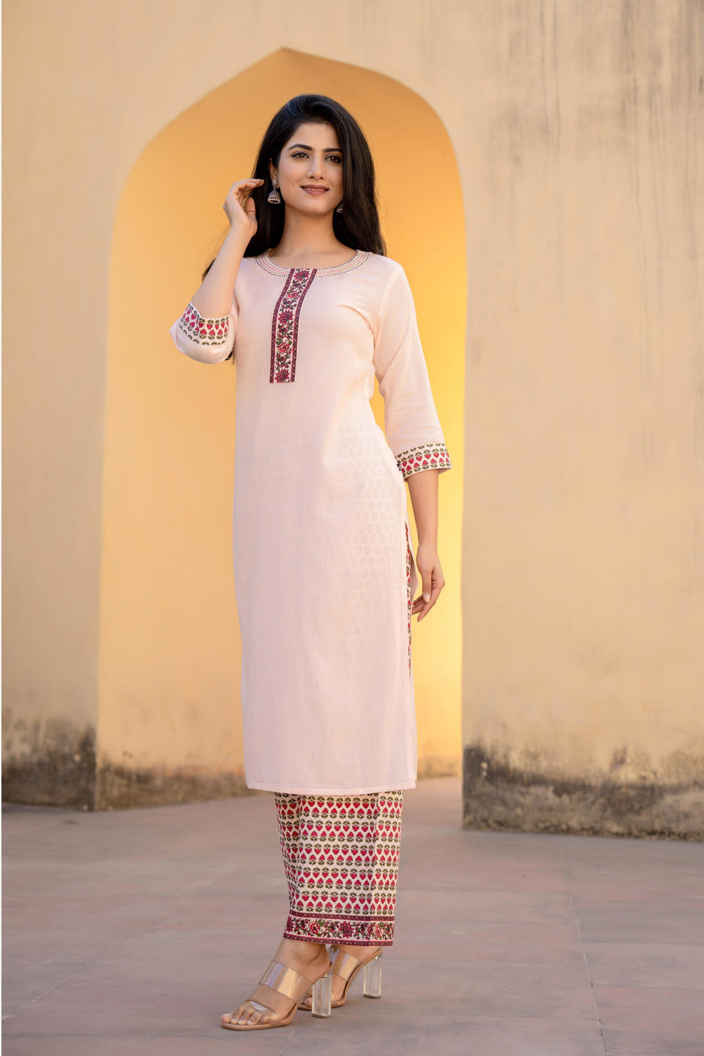 Juniper Peach Floral Printed Viscose Kurta & Palazzo With Thread Work