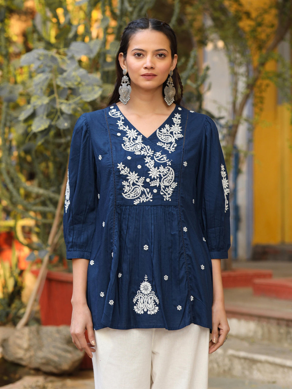 Juniper Blue Embroidered V-Neck Peasant Tunic With 3/4 Sleeves