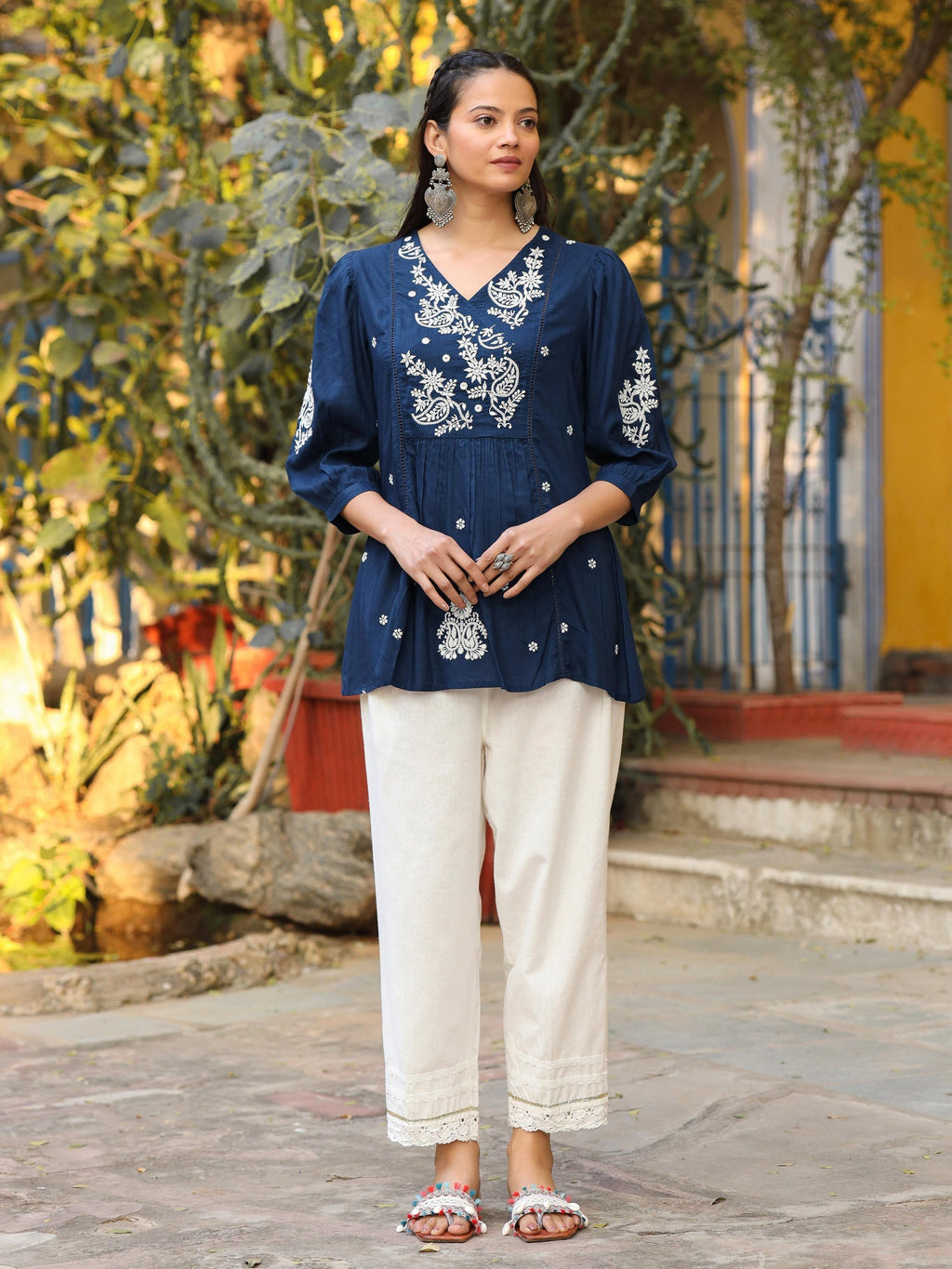 Juniper Blue Embroidered V-Neck Peasant Tunic With 3/4 Sleeves