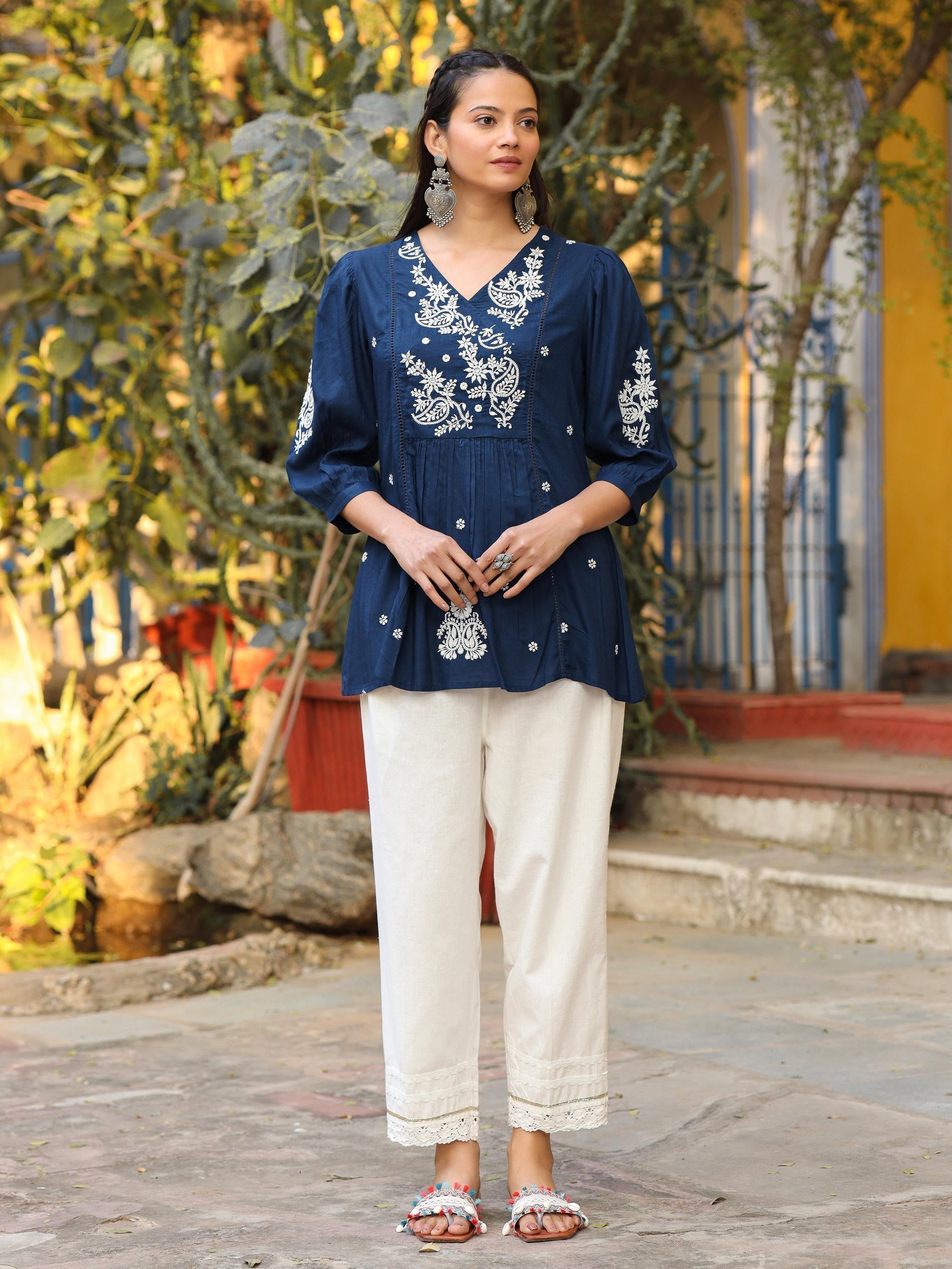 Juniper Blue Embroidered V-Neck Peasant Tunic With 3/4 Sleeves