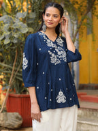 Juniper Blue Embroidered V-Neck Peasant Tunic With 3/4 Sleeves