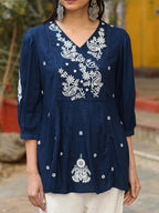 Juniper Blue Embroidered V-Neck Peasant Tunic With 3/4 Sleeves