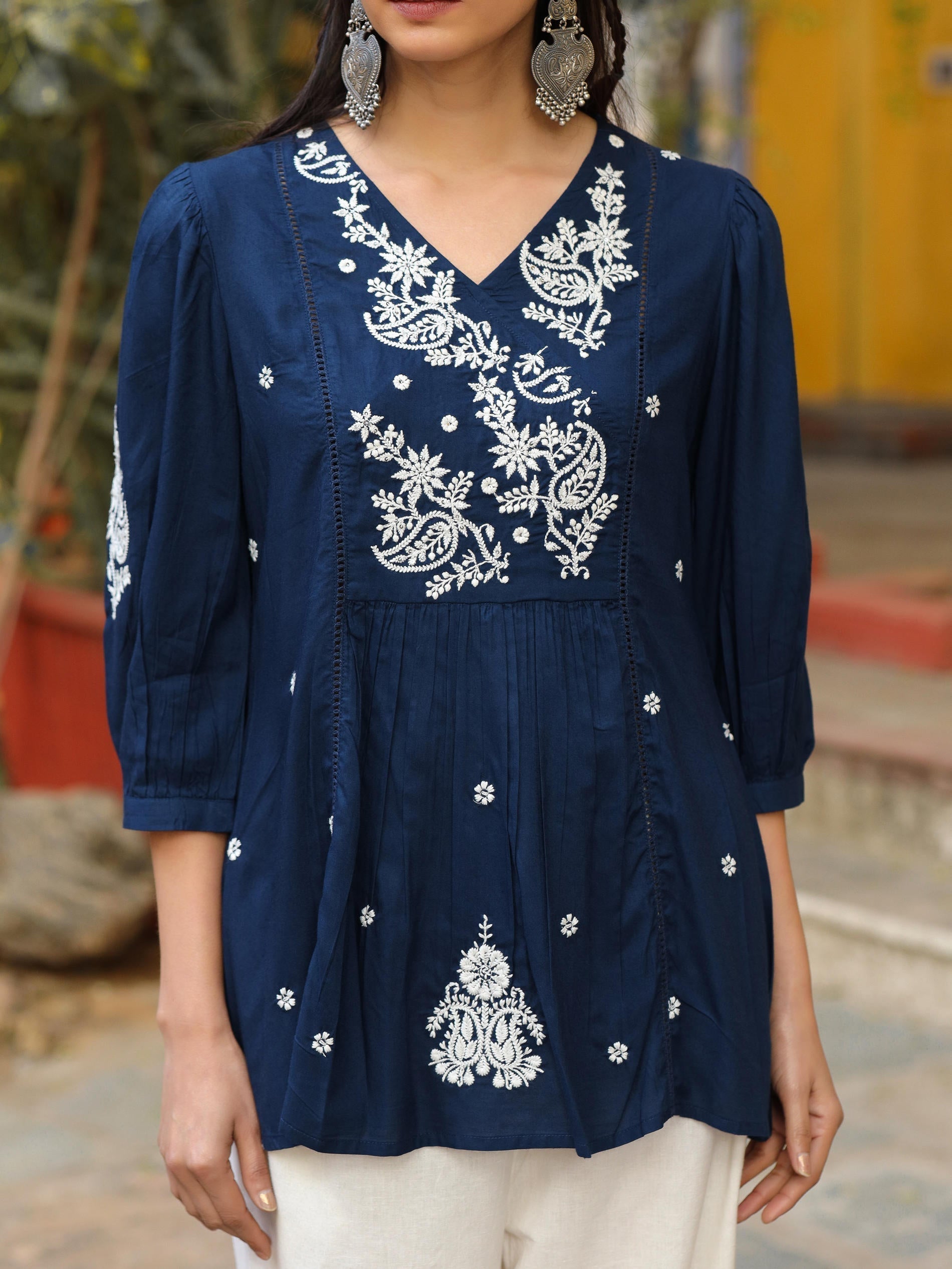 Juniper Blue Embroidered V-Neck Peasant Tunic With 3/4 Sleeves