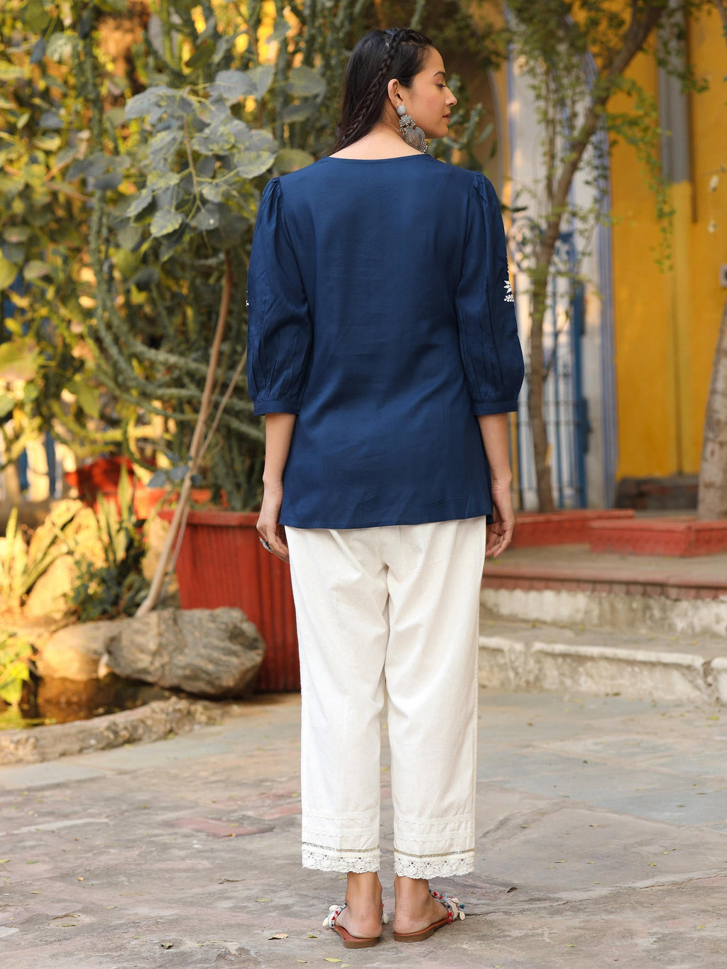 Juniper Blue Embroidered V-Neck Peasant Tunic With 3/4 Sleeves