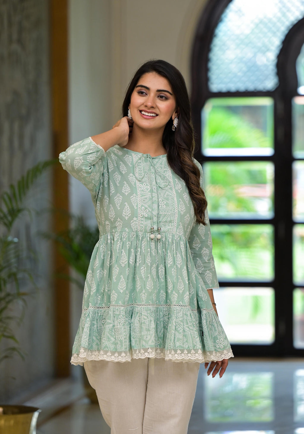 Juniper Mint Mist Ikat Tunic With Lace Detailing