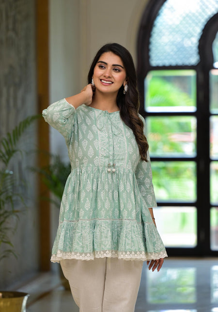 Juniper Mint Mist Ikat Tunic With Lace Detailing