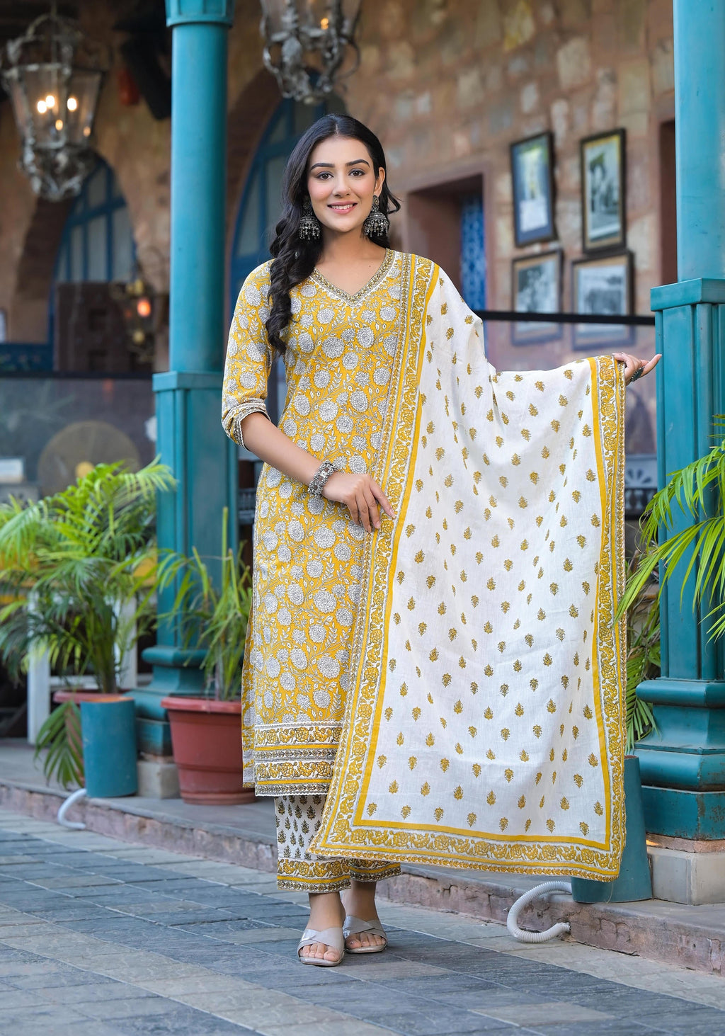 Juniper Mustard Floral Printed Cotton Kurta Pant And Dupatta Set With Lace - Distacart