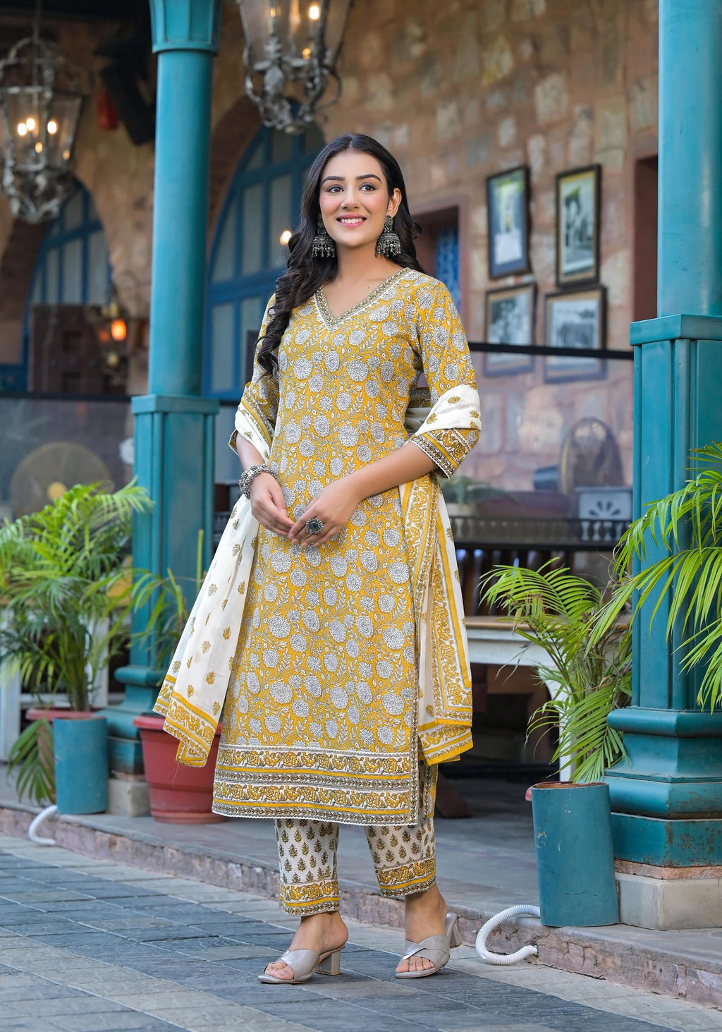 Juniper Mustard Floral Printed Cotton Kurta Pant And Dupatta Set With Lace - Distacart