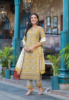 Juniper Mustard Floral Printed Cotton Kurta Pant And Dupatta Set With Lace - Distacart