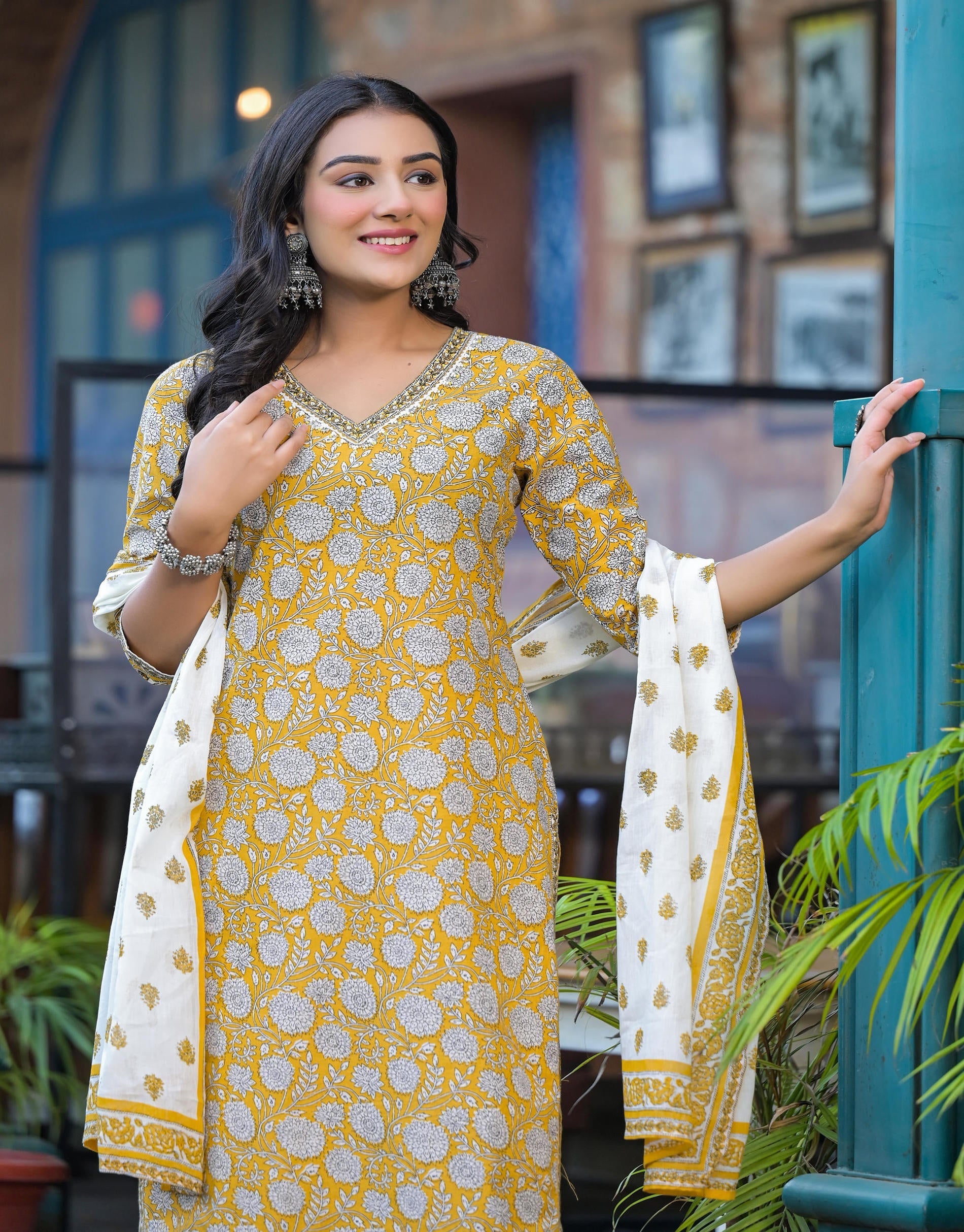Juniper Mustard Floral Printed Cotton Kurta Pant And Dupatta Set With Lace - Distacart