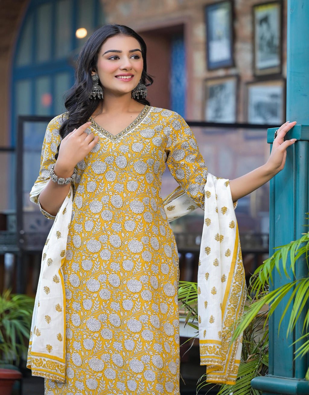 Juniper Mustard Floral Printed Cotton Kurta Pant And Dupatta Set With Lace - Distacart