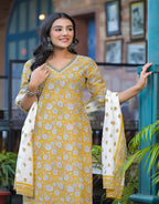 Juniper Mustard Floral Printed Cotton Kurta Pant And Dupatta Set With Lace - Distacart