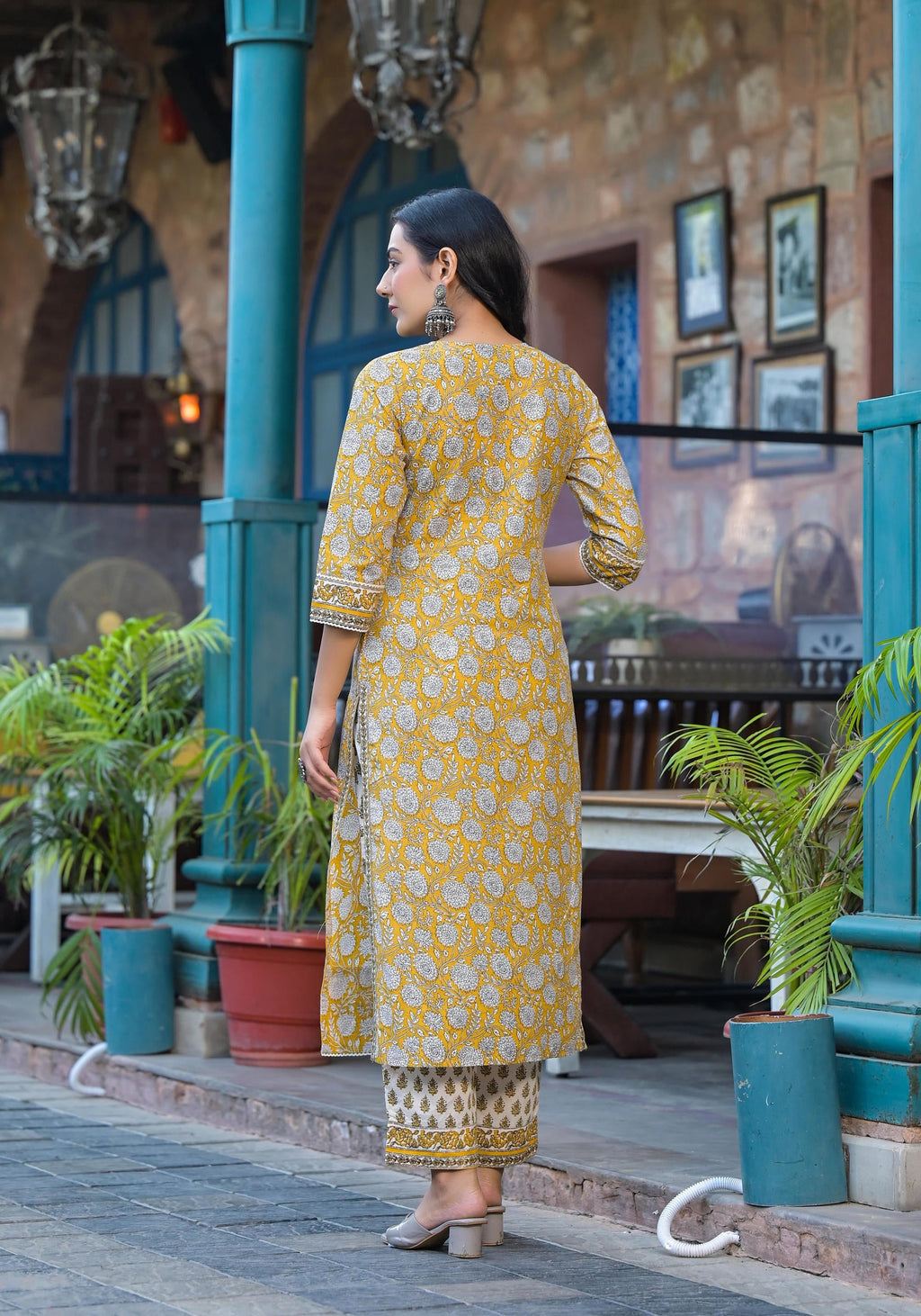 Juniper Mustard Floral Printed Cotton Kurta Pant And Dupatta Set With Lace - Distacart
