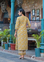 Juniper Mustard Floral Printed Cotton Kurta Pant And Dupatta Set With Lace - Distacart
