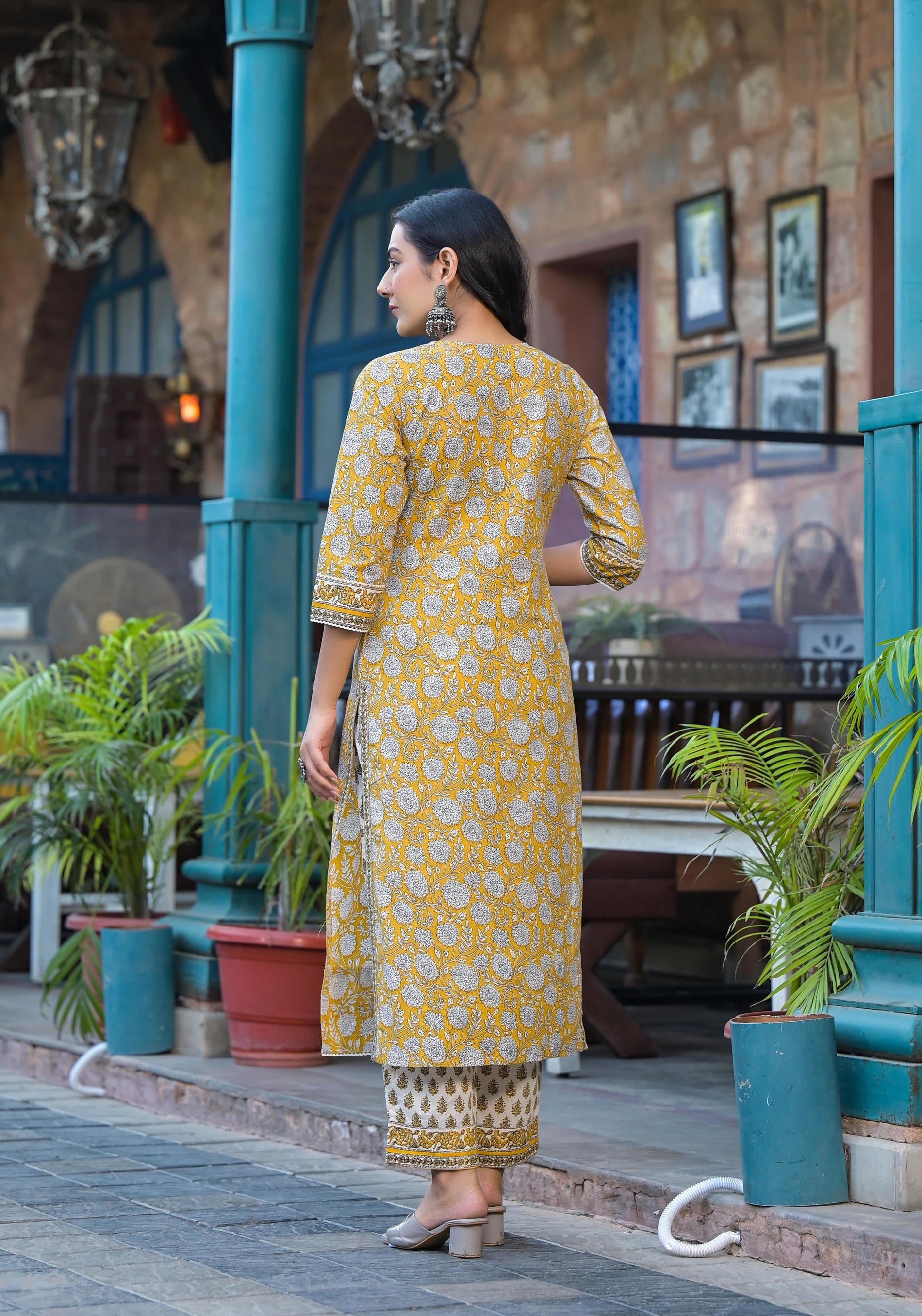 Juniper Mustard Floral Printed Cotton Kurta Pant And Dupatta Set With Lace - Distacart