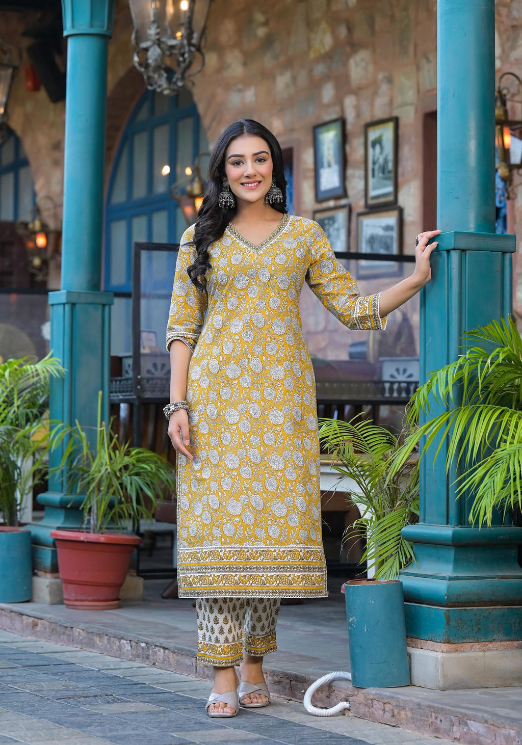 Juniper Mustard Floral Printed Cotton Kurta Pant And Dupatta Set With Lace - Distacart