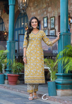 Juniper Mustard Floral Printed Cotton Kurta Pant And Dupatta Set With Lace - Distacart