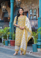 Juniper Mustard Floral Printed Cotton Kurta Pant And Dupatta Set With Lace - Distacart