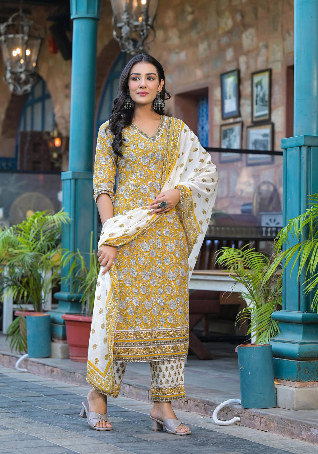 Juniper Mustard Floral Printed Cotton Kurta Pant And Dupatta Set With Lace - Distacart