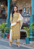 Juniper Mustard Floral Printed Cotton Kurta Pant And Dupatta Set With Lace - Distacart