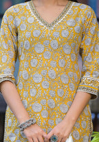 Juniper Mustard Floral Printed Cotton Kurta Pant And Dupatta Set With Lace - Distacart